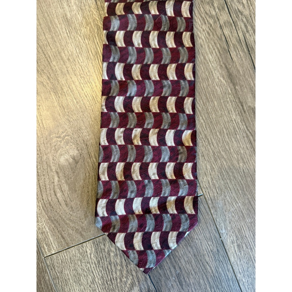 Pronto Uomo Mens Silk Tie Geometric Wave Burgundy Silver Grey Made in Italy